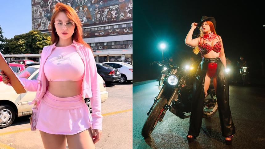 Emilia Vizcarra con conjunto rosa y lentes en una imagen de archivo