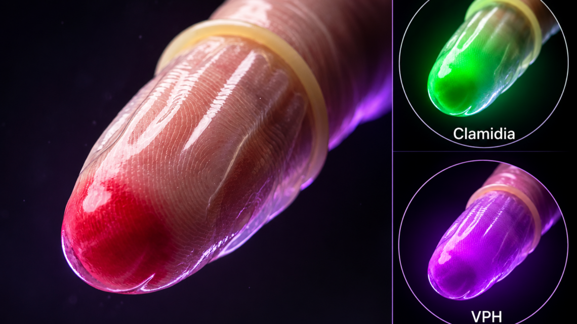 Ilustración conceptual de preservativo con cambios de color verde y morado que representarían infecciones de transmisión sexual
