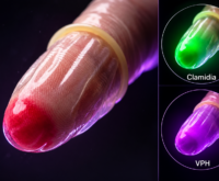 Ilustración conceptual de preservativo con cambios de color verde y morado que representarían infecciones de transmisión sexual