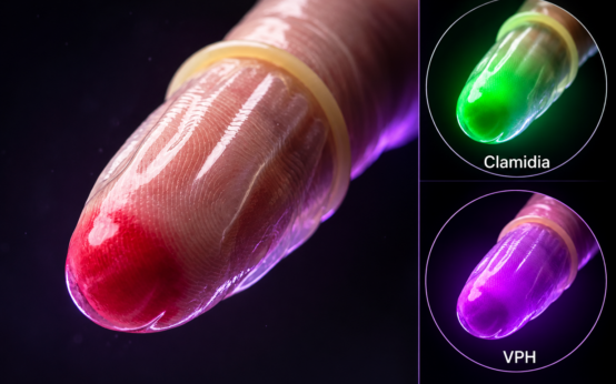 Ilustración conceptual de preservativo con cambios de color verde y morado que representarían infecciones de transmisión sexual