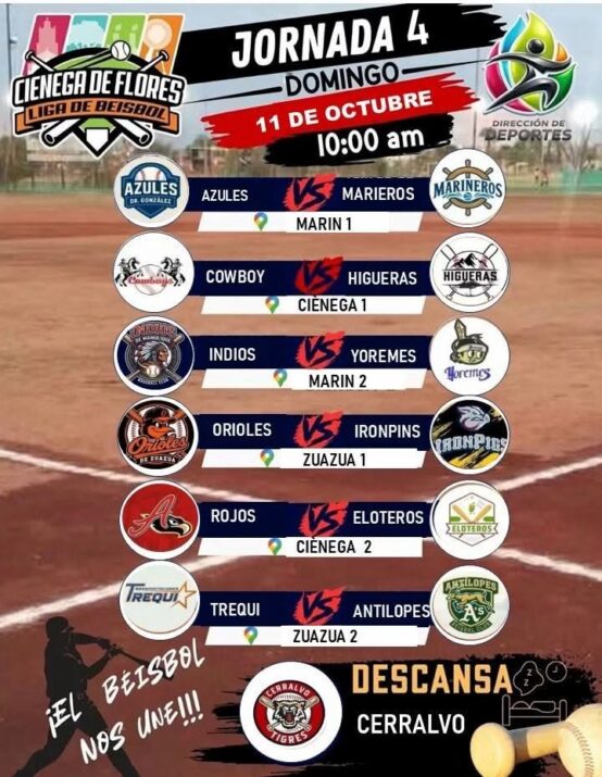 Cartelera oficial de la Jornada 4 de la Liga de Béisbol de Ciénega de Flores para el domingo 11 de octubre