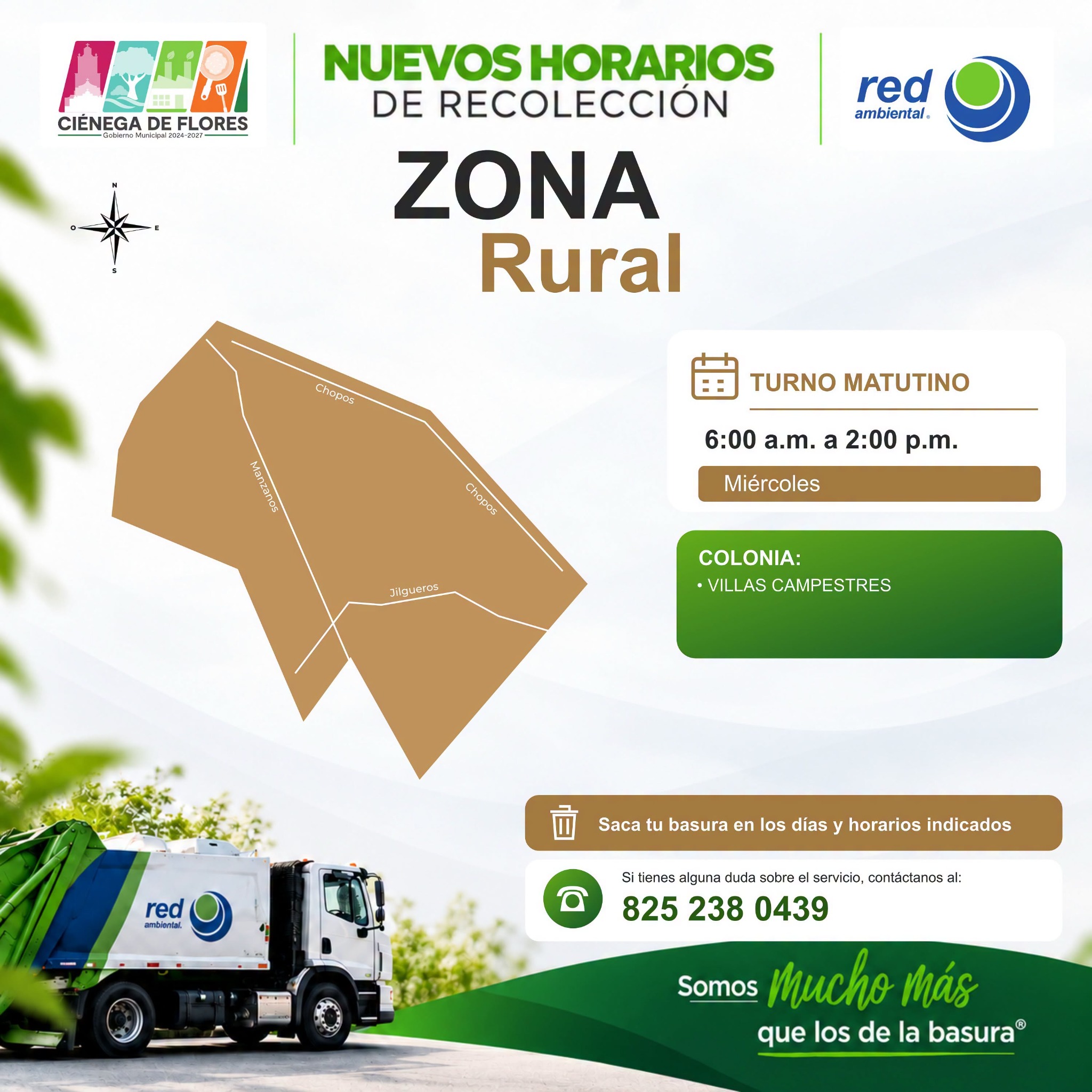 Mapa de la zona rural: Villas Campestres, miércoles de 6:00 a. m. a 2:00 p. m.