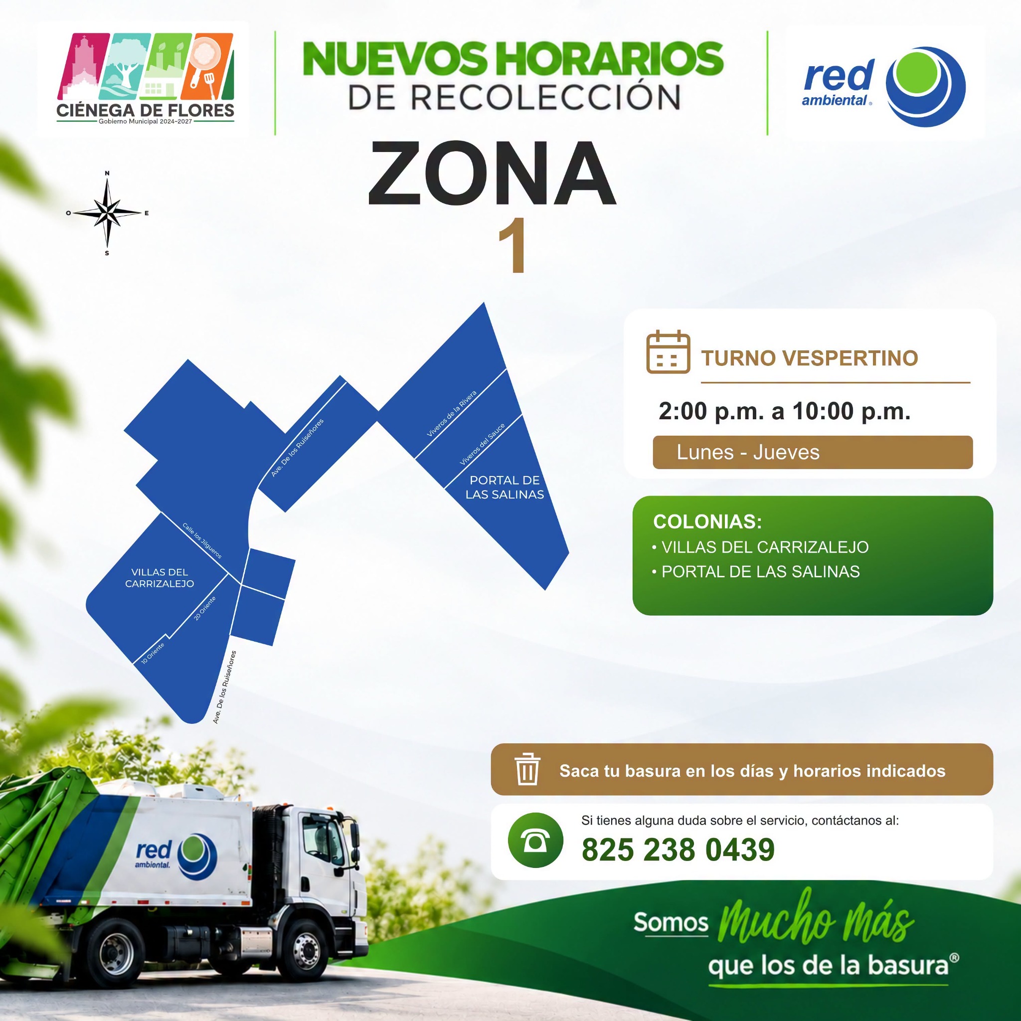 Mapa de la Zona 1: Villas del Carrizalejo y Portal de las Salinas; lunes a jueves de 2:00 a 10:00 p. m.