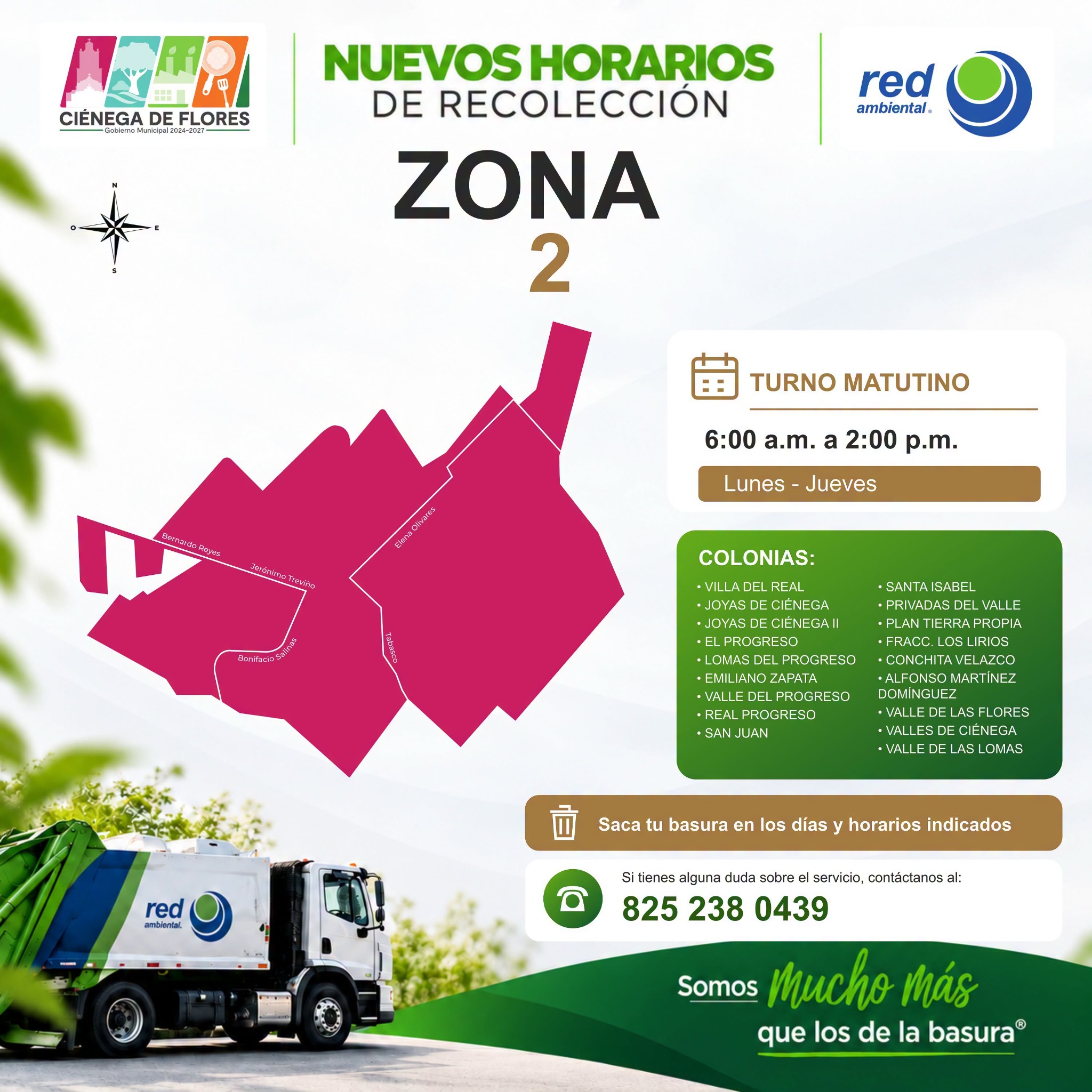 Mapa de la Zona 2: colonias del turno matutino, lunes a jueves de 6:00 a. m. a 2:00 p. m.