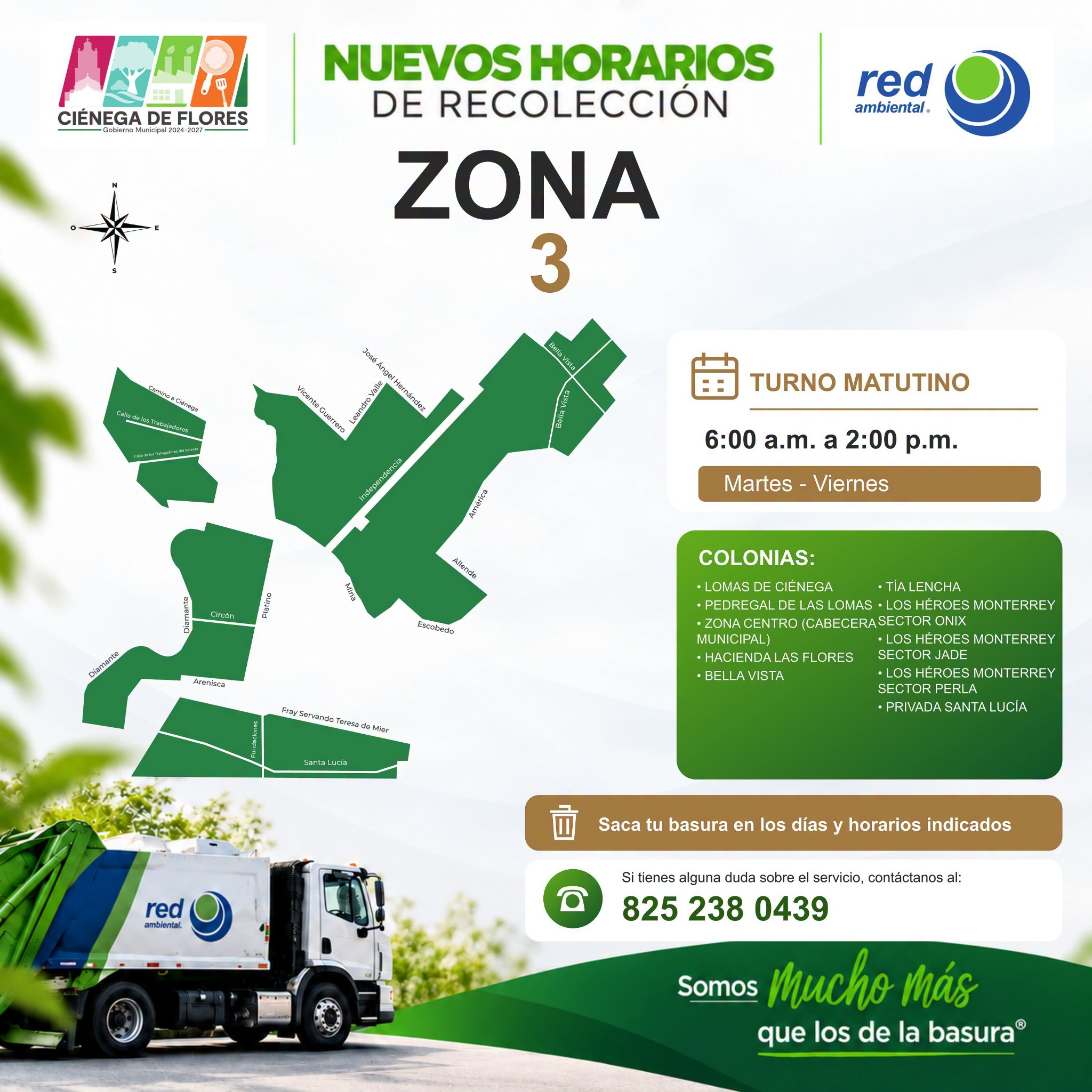 Mapa de la Zona 3: sectores del centro y otras colonias, martes a viernes de 6:00 a. m. a 2:00 p. m.