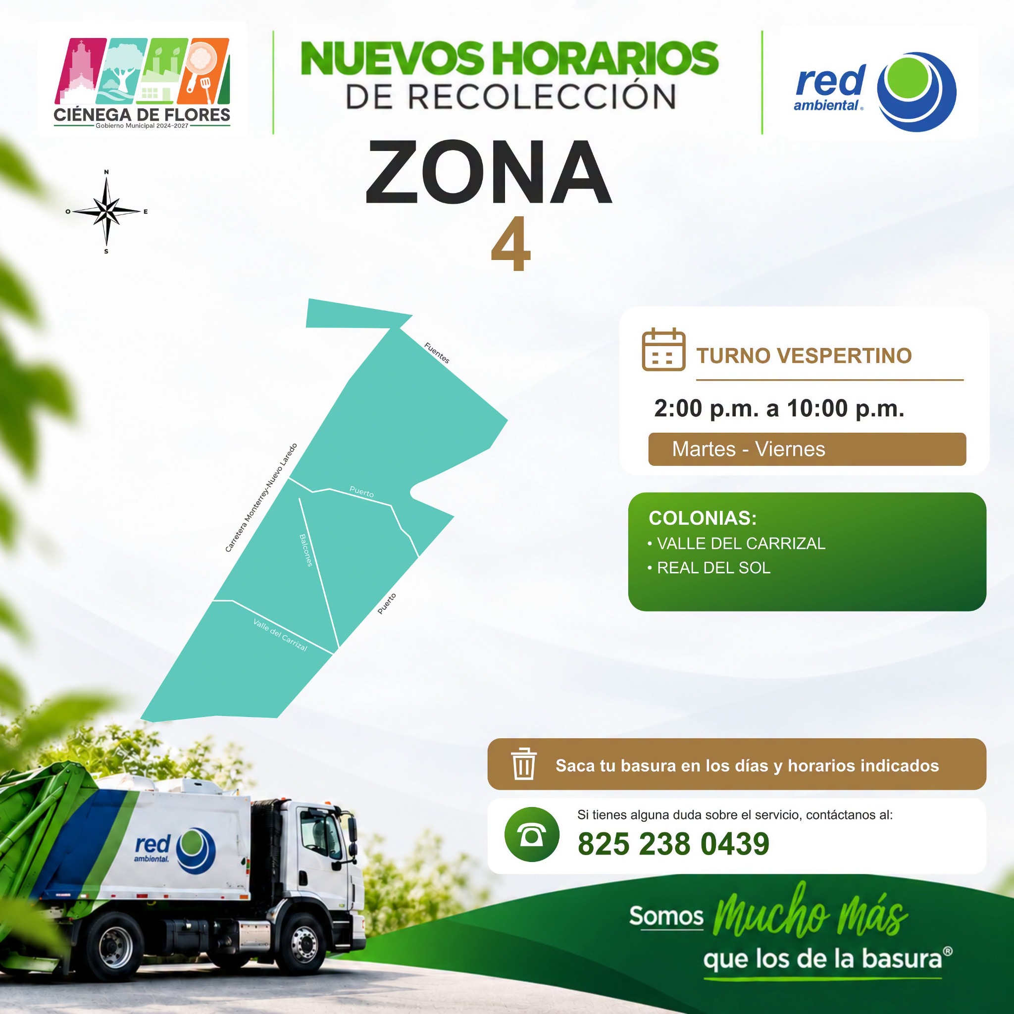 Mapa de la Zona 4: Valle del Carrizal y Real del Sol; martes a viernes de 2:00 a 10:00 p. m.