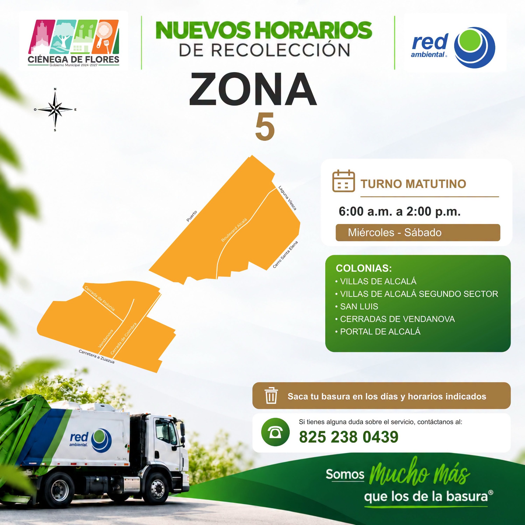Mapa de la Zona 5: sector de Alcalá y colonias cercanas; miércoles a sábado de 6:00 a. m. a 2:00 p. m.