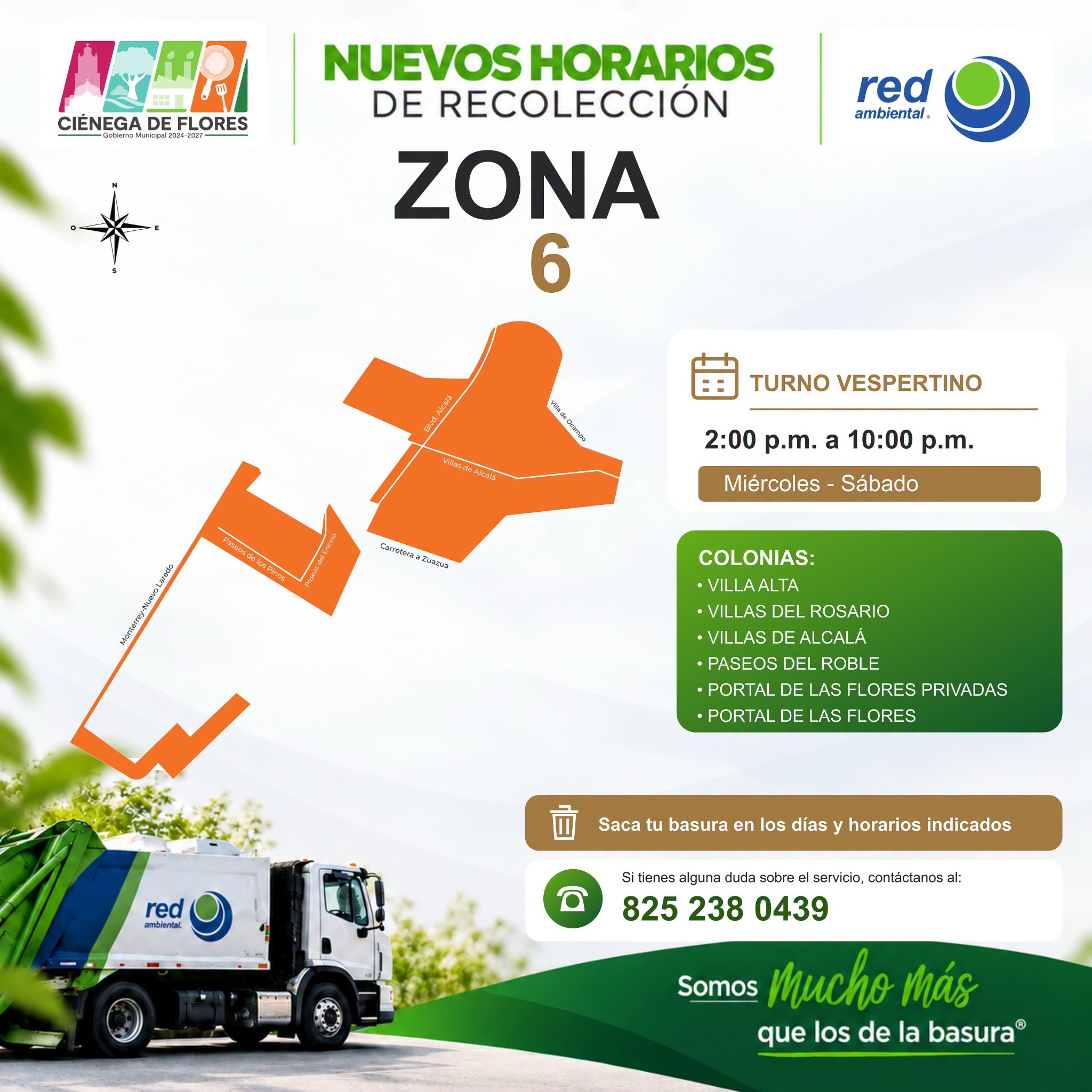 Mapa de la Zona 6: Villas del Rosario, Villa Alta y otros fraccionamientos; miércoles a sábado de 2:00 a 10:00 p. m.