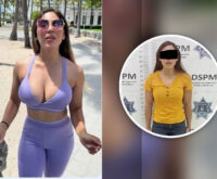 Composición fotográfica real: nutrióloga con atuendo morado y recuadro circular con fotografía de detención en Mexicali