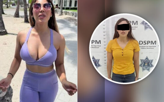 Composición fotográfica real: nutrióloga con atuendo morado y recuadro circular con fotografía de detención en Mexicali