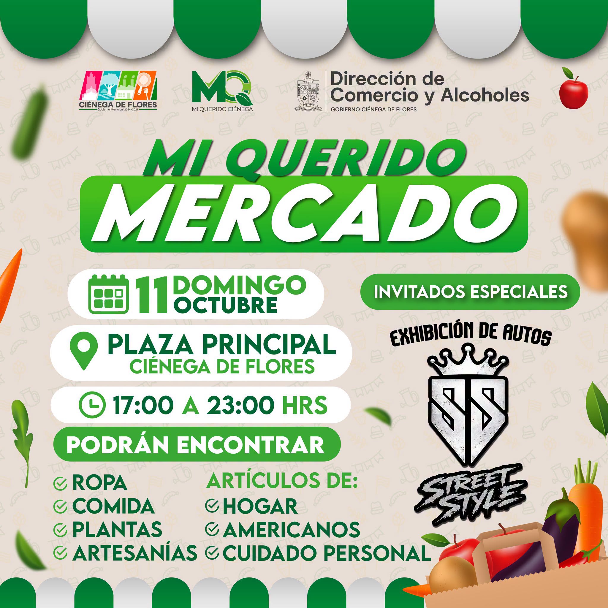 Cartel oficial de Mi Querido Mercado del domingo 11 de octubre en la Plaza Principal de Ciénega de Flores