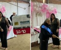 Piñata de tarjeta del Banco del Bienestar durante festejo de Rosario Villalobos