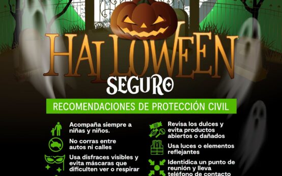 Aviso oficial de Protección Civil y Bomberos de Ciénega de Flores con recomendaciones para Halloween y teléfono 825 238 0002
