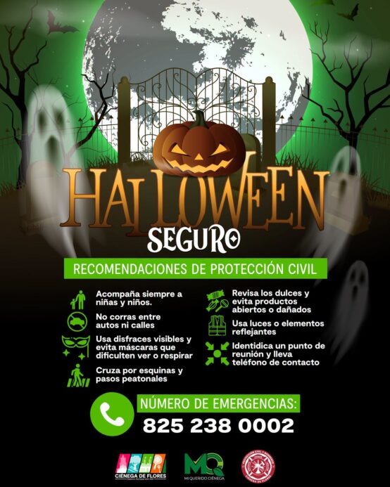 Aviso oficial de Protección Civil y Bomberos de Ciénega de Flores con recomendaciones para Halloween y teléfono 825 238 0002
