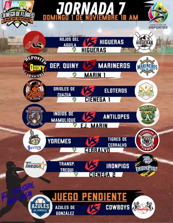 Rol de juegos de la Jornada 7 de la Liga de Béisbol de Ciénega de Flores para el domingo 1 de noviembre de 2026, con seis enfrentamientos y un partido pendiente