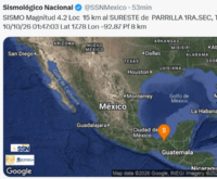 Registro del Servicio Sismológico Nacional sobre el sismo de magnitud 4.2 ocurrido en Tabasco el 10 de octubre de 2026