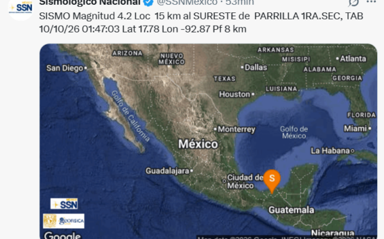 Registro del Servicio Sismológico Nacional sobre el sismo de magnitud 4.2 ocurrido en Tabasco el 10 de octubre de 2026