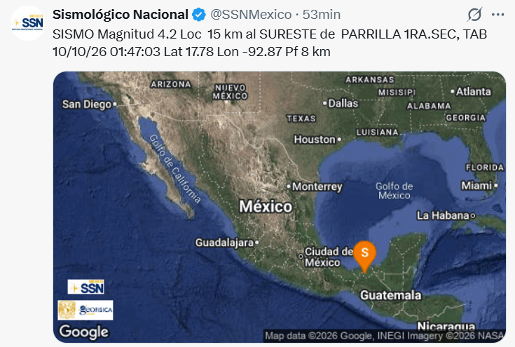 Registro del SSN del sismo de magnitud 4.2 ocurrido en Tabasco el 10 de octubre de 2026