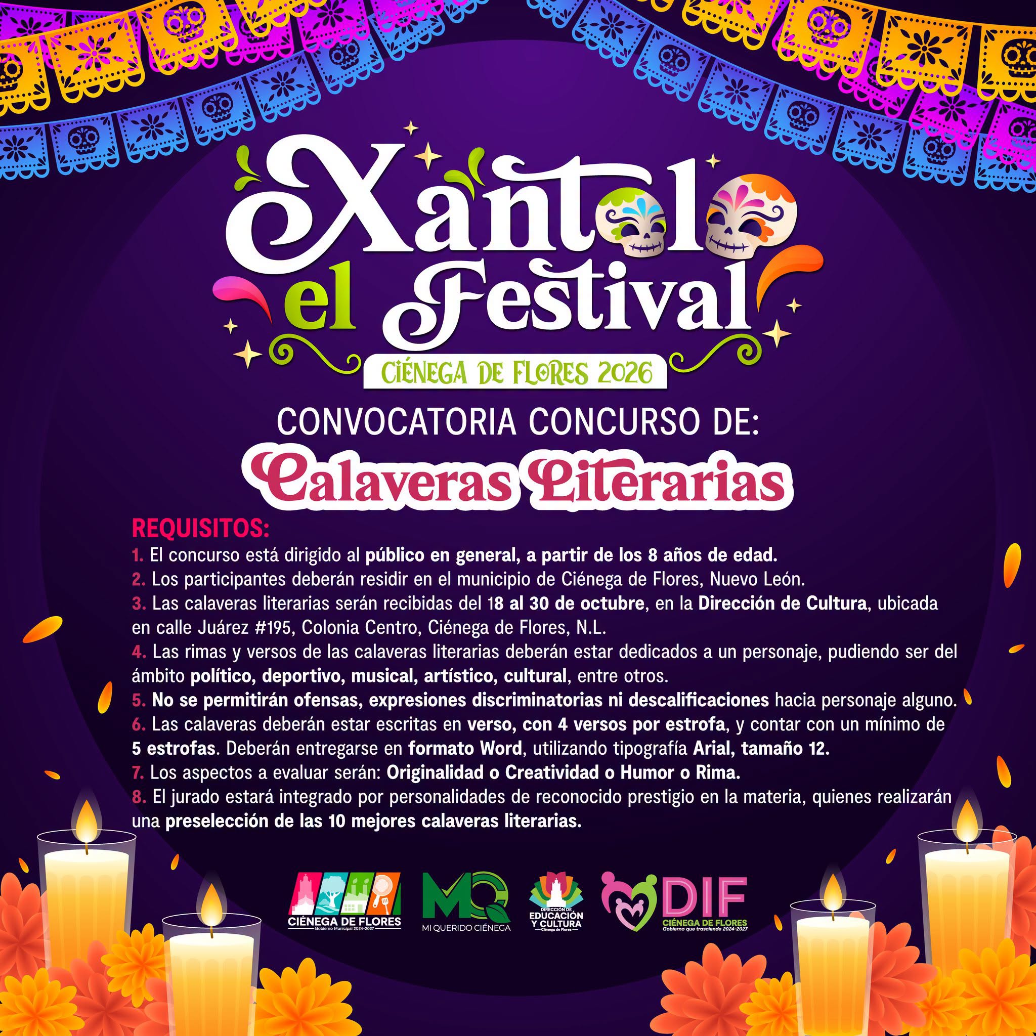 Cartel oficial con requisitos del Concurso de Calaveras Literarias Xantolo 2026