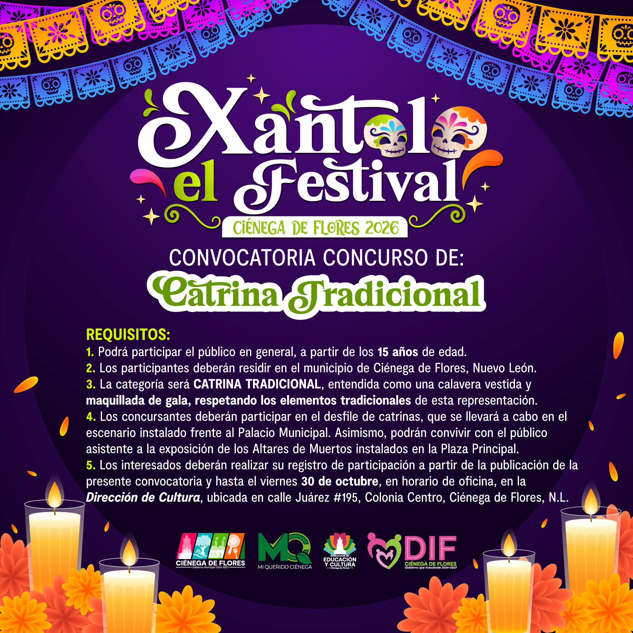 Cartel oficial con las bases del Concurso de Catrina Tradicional, Xantolo 2026