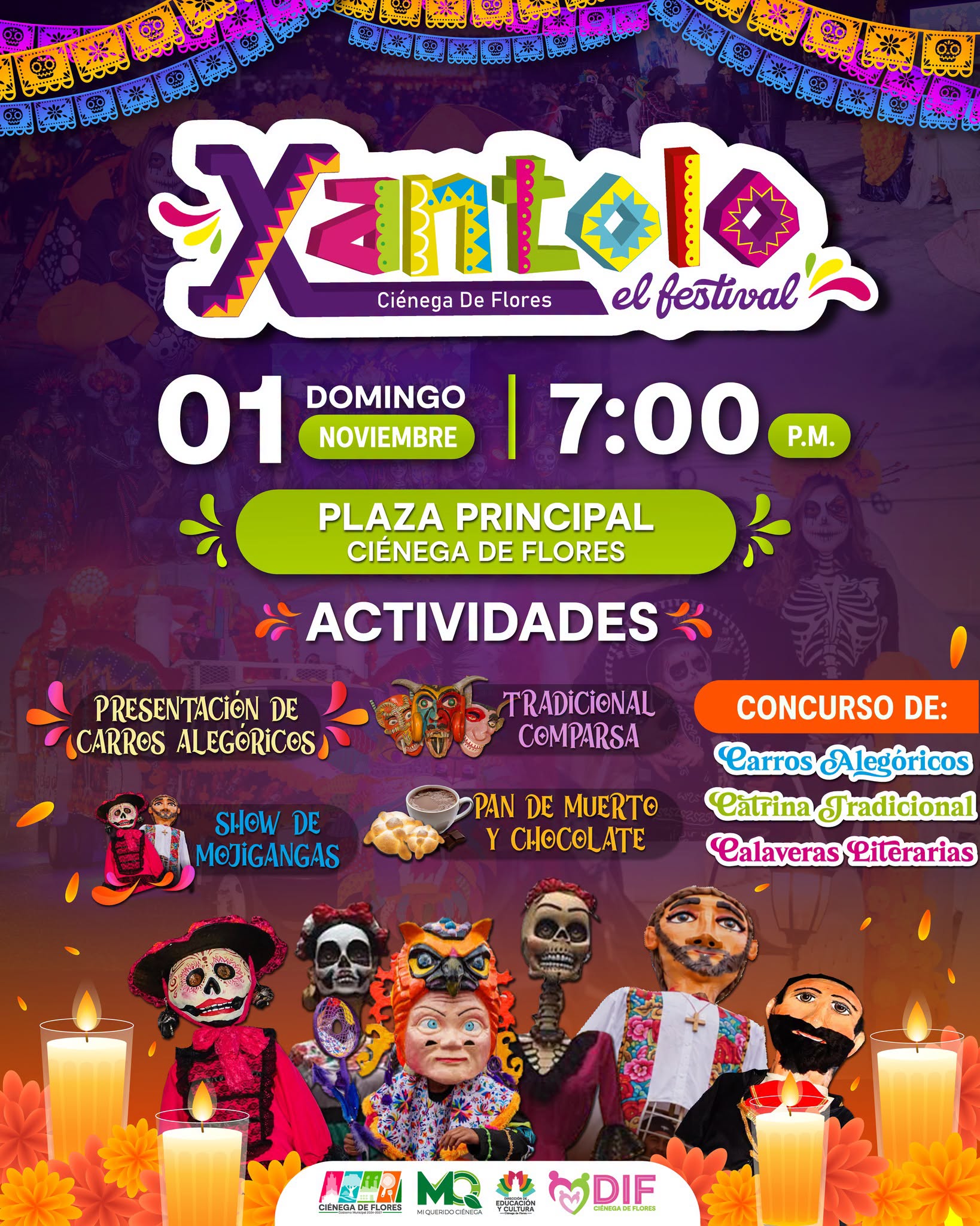 Cartel de Xantolo: domingo 1 de noviembre a las 7:00 p. m. en la Plaza Principal de Ciénega de Flores.