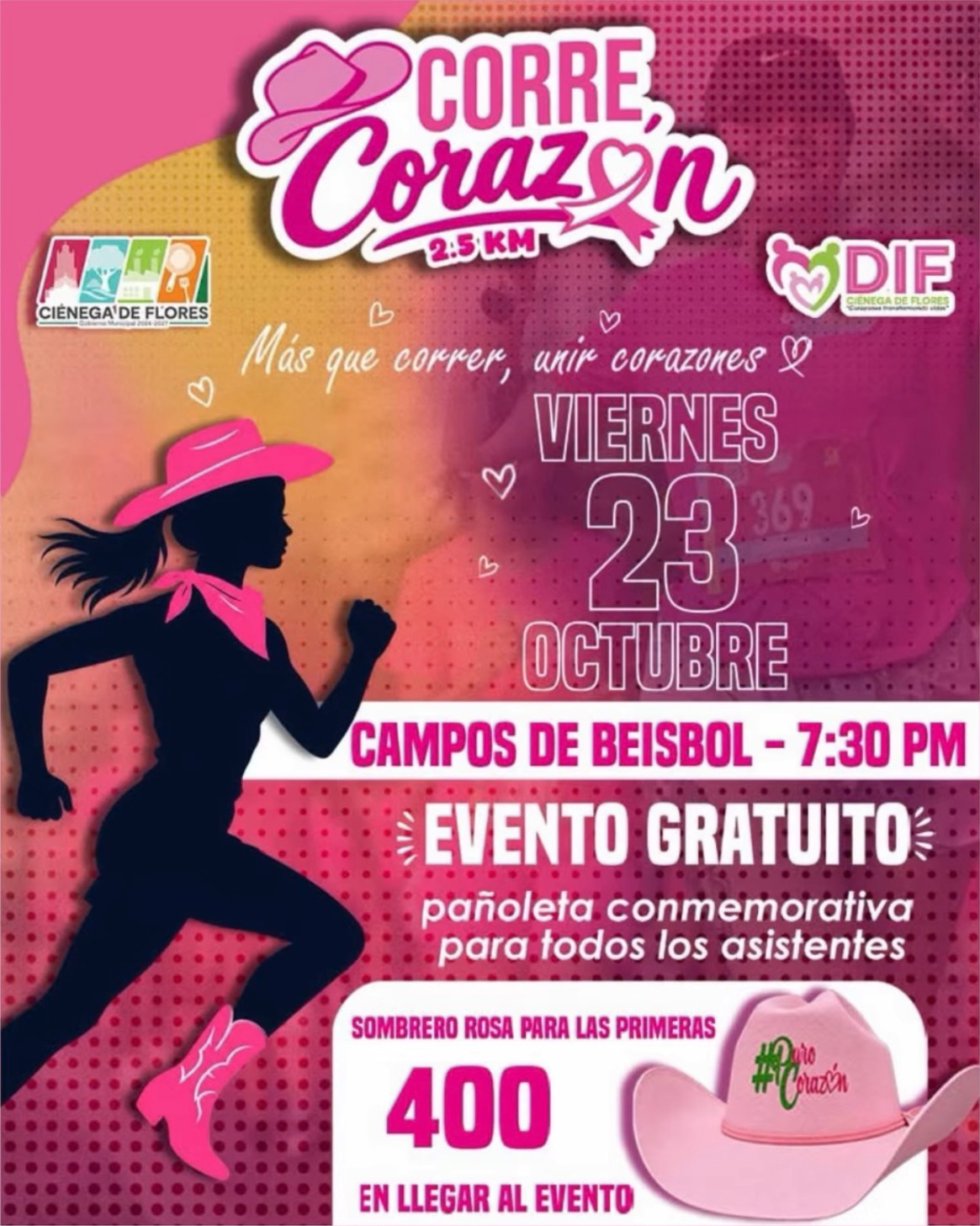 Convocatoria de Corre Corazón: viernes 23 de octubre, 7:30 p. m., campos de beisbol, evento gratuito, pañoletas y sombreros rosas para las primeras 400 en llegar.