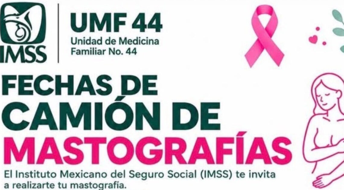 Encabezado del cartel de mastografías del IMSS en la UMF 44 de Ciénega de Flores.