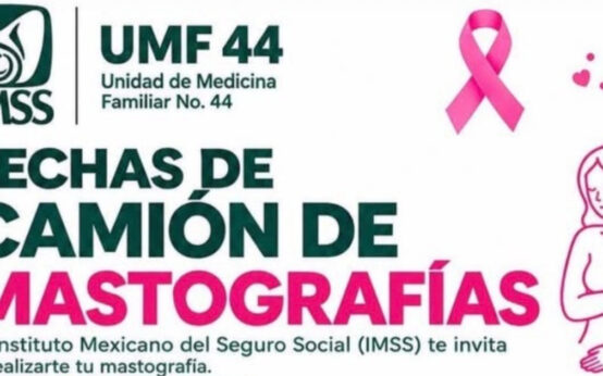 Encabezado del cartel de mastografías del IMSS en la UMF 44 de Ciénega de Flores.